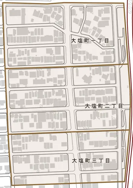大塩町とその周辺の地図。町の範囲を重ねている