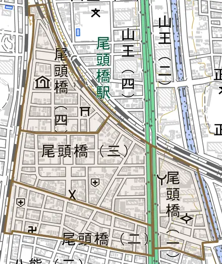 尾頭橋とその周辺の地図。町の範囲を重ねている