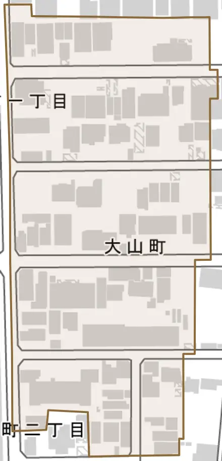 大山町とその周辺の地図。町の範囲を重ねている