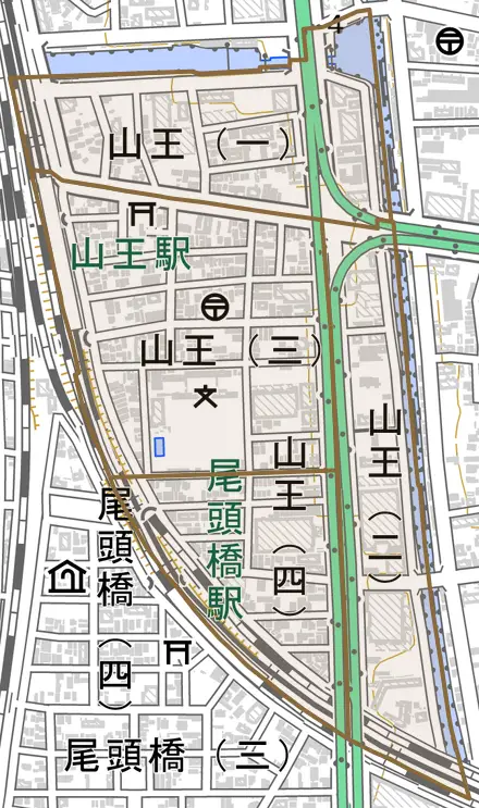 山王とその周辺の地図。町の範囲を重ねている