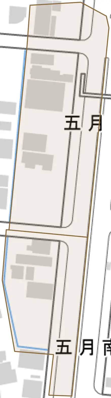 五月南通とその周辺の地図。町の範囲を重ねている