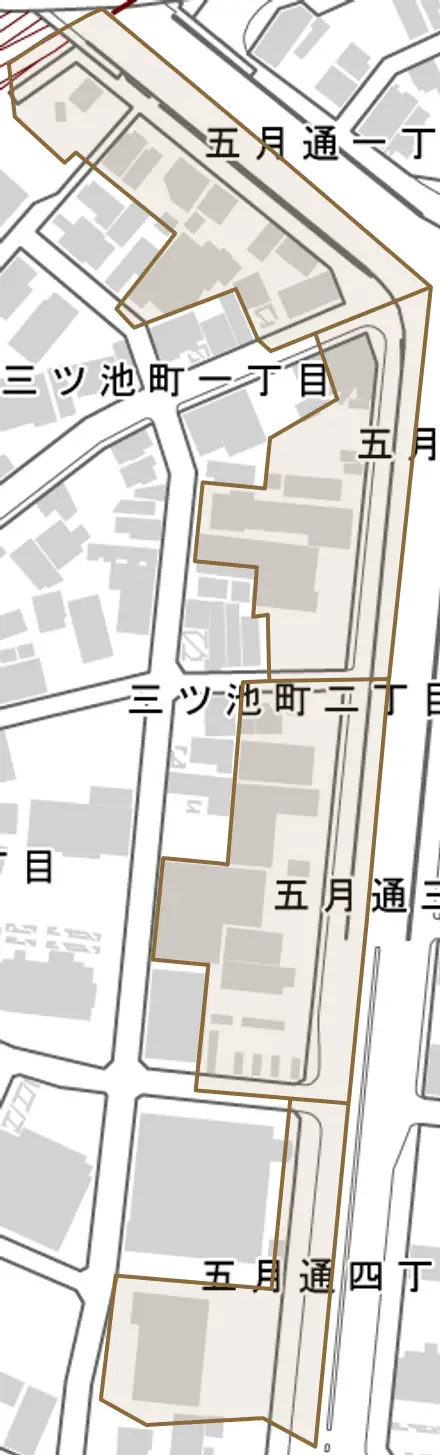 五月通とその周辺の地図。町の範囲を重ねている