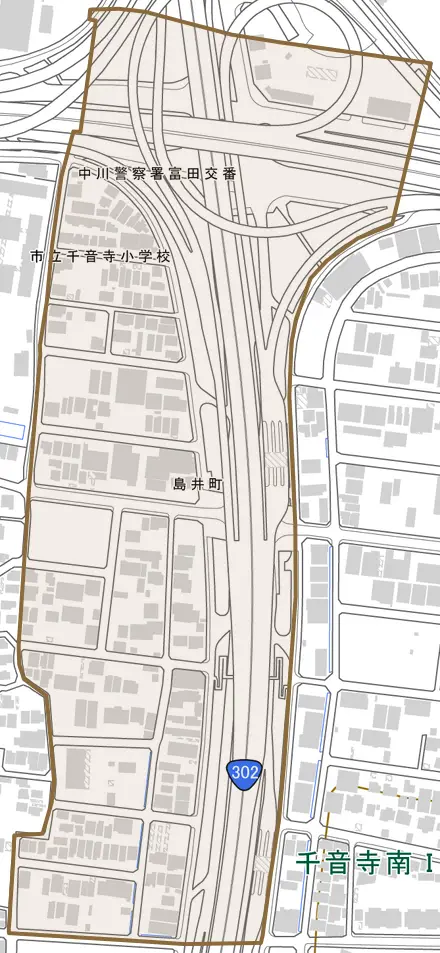 島井町とその周辺の地図。町の範囲を重ねている