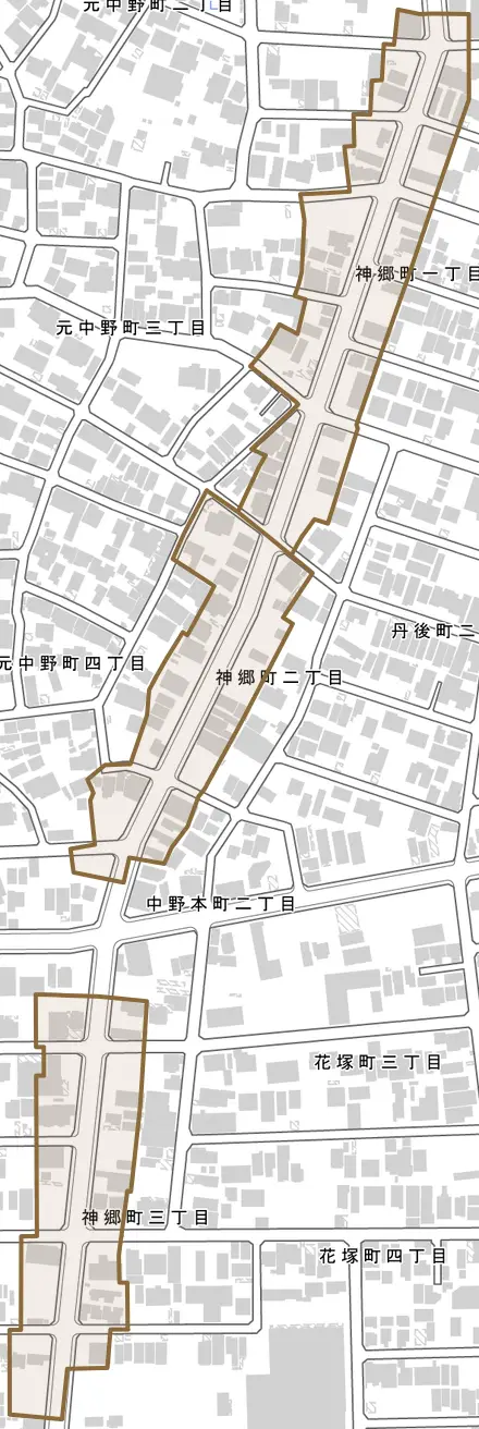 神郷町とその周辺の地図。町の範囲を重ねている