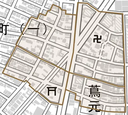 四女子町とその周辺の地図。町の範囲を重ねている