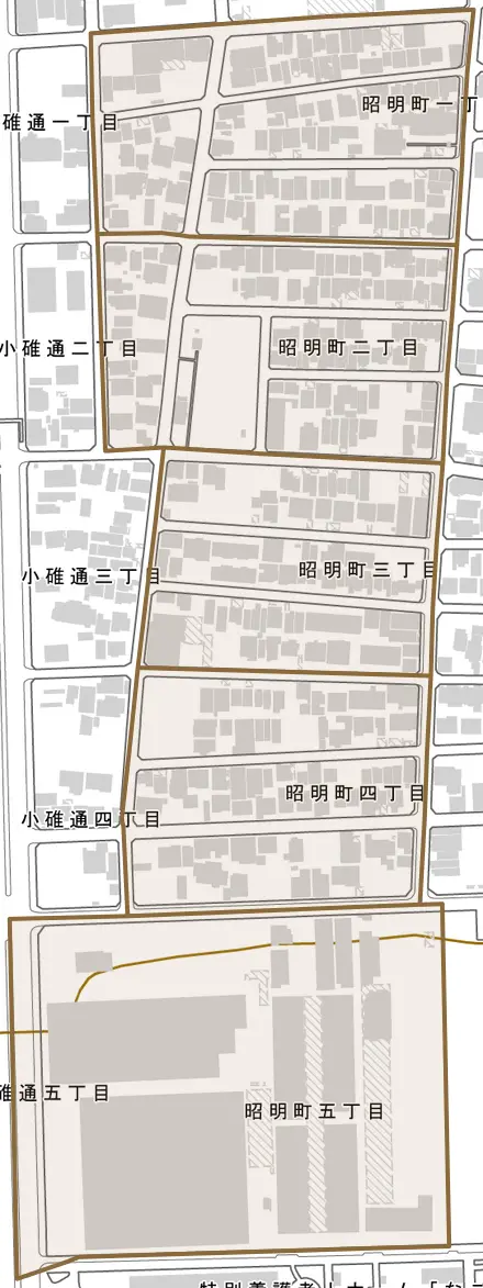 昭明町とその周辺の地図。町の範囲を重ねている
