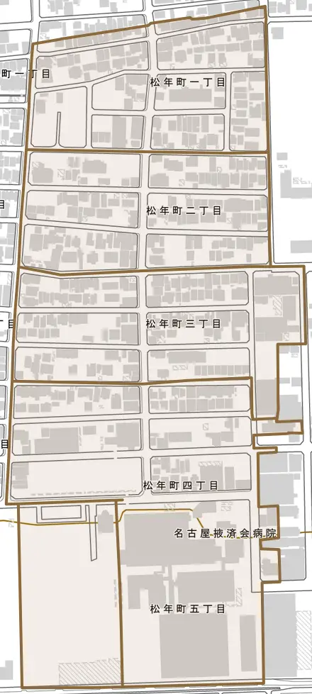 松年町とその周辺の地図。町の範囲を重ねている