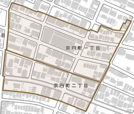 宗円町とその周辺の地図。町の範囲を重ねている