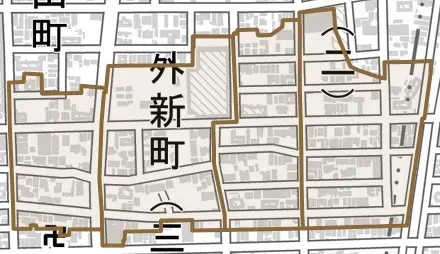 外新町とその周辺の地図。町の範囲を重ねている