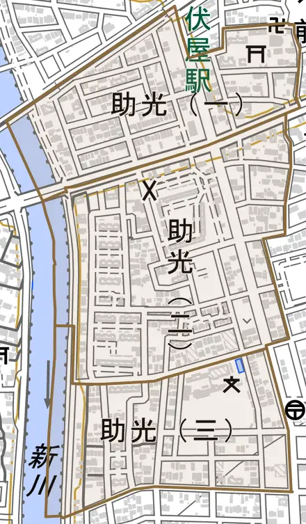 助光とその周辺の地図。町の範囲を重ねている