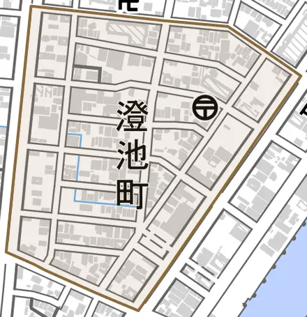 澄池町とその周辺の地図。町の範囲を重ねている