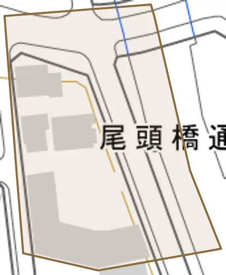 尾頭橋通とその周辺の地図。町の範囲を重ねている