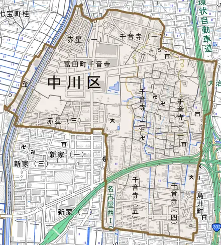 富田町大字千音寺とその周辺の地図。町の範囲を重ねている