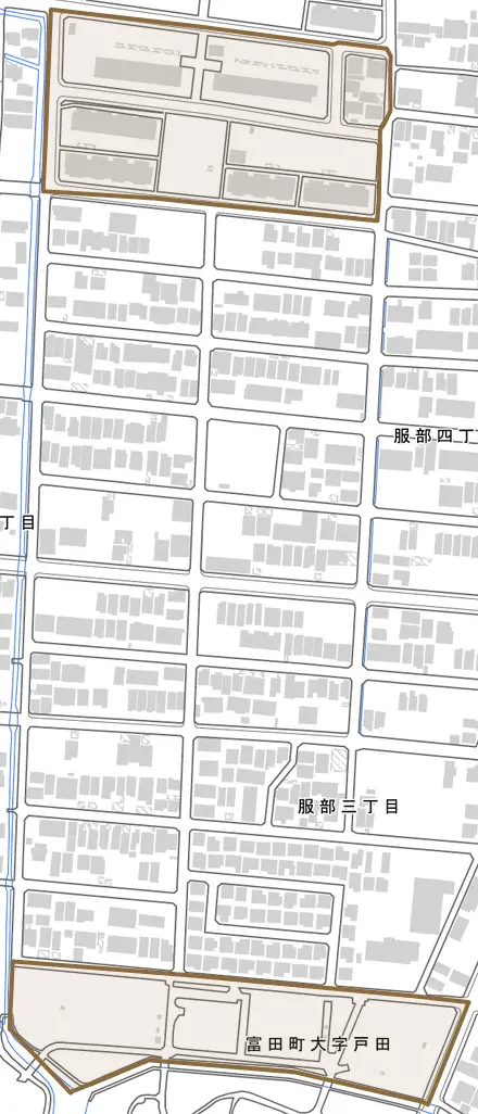 富田町大字服部とその周辺の地図。町の範囲を重ねている