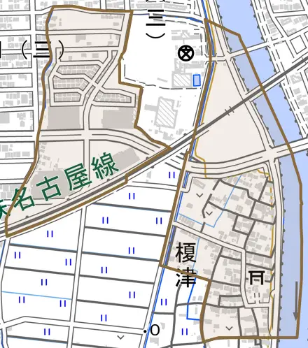 富田町大字榎津とその周辺の地図。町の範囲を重ねている