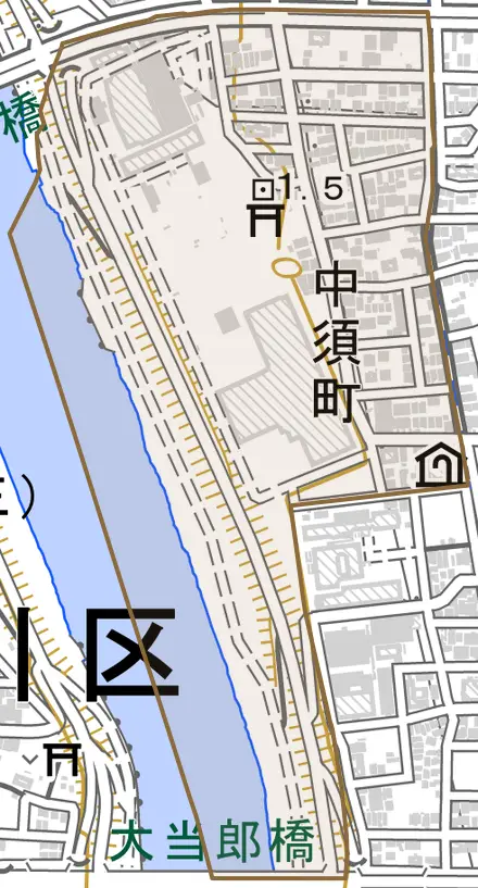 中須町とその周辺の地図。町の範囲を重ねている