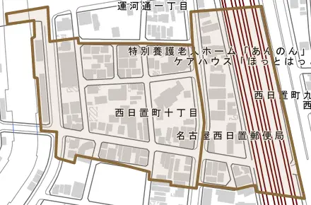 西日置町とその周辺の地図。町の範囲を重ねている