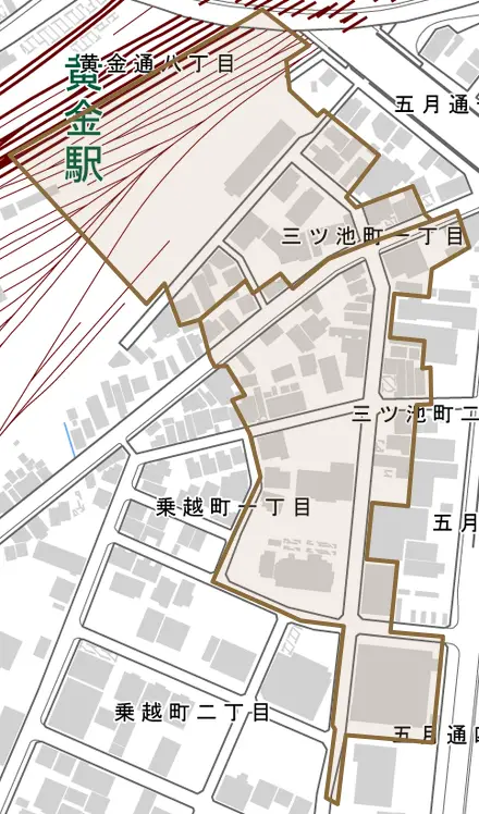 三ツ池町とその周辺の地図。町の範囲を重ねている
