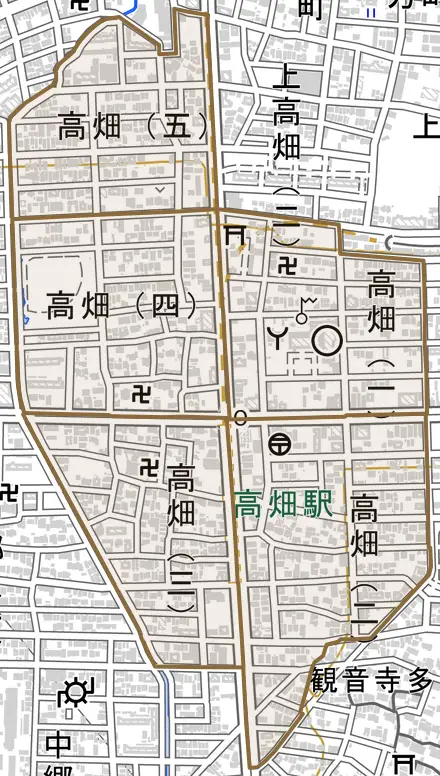 高畑とその周辺の地図。町の範囲を重ねている