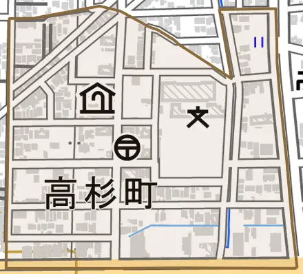 高杉町とその周辺の地図。町の範囲を重ねている