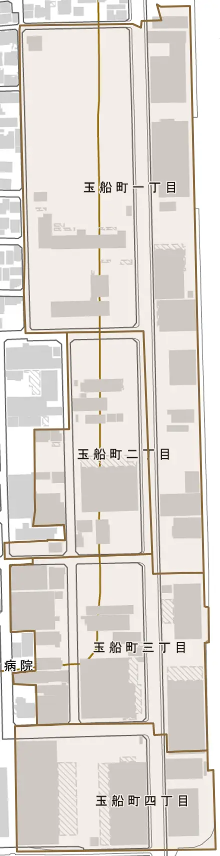 玉船町とその周辺の地図。町の範囲を重ねている