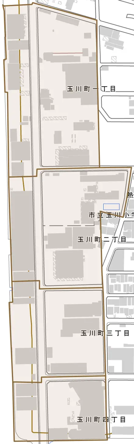 玉川町とその周辺の地図。町の範囲を重ねている