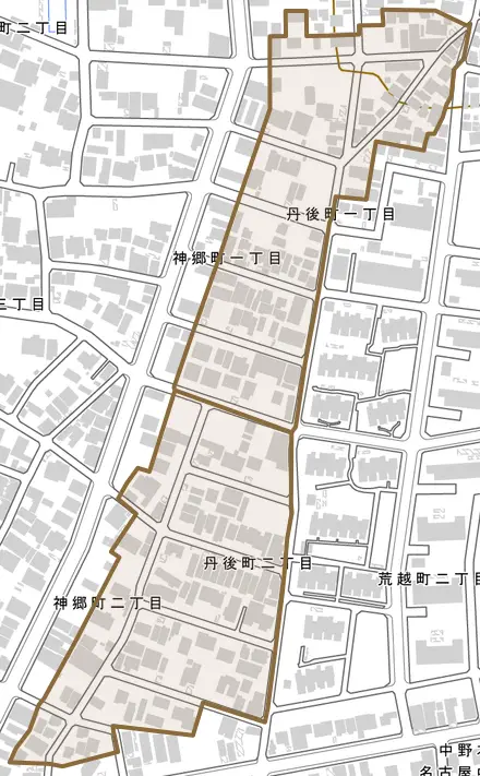 丹後町とその周辺の地図。町の範囲を重ねている