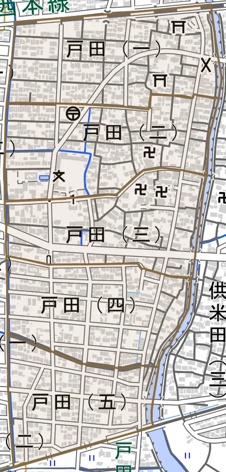 戸田とその周辺の地図。町の範囲を重ねている