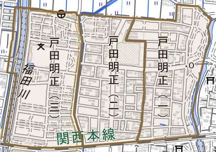 戸田明正とその周辺の地図。町の範囲を重ねている