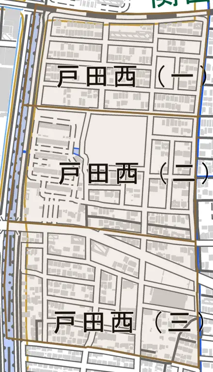 戸田西とその周辺の地図。町の範囲を重ねている