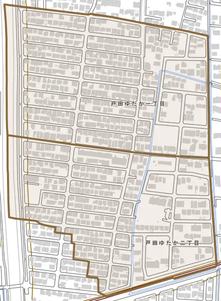 戸田ゆたかとその周辺の地図。町の範囲を重ねている