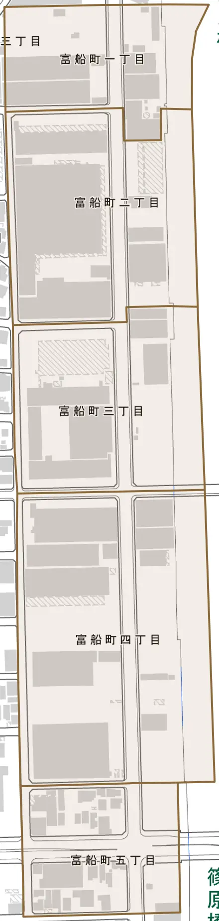 富船町とその周辺の地図。町の範囲を重ねている