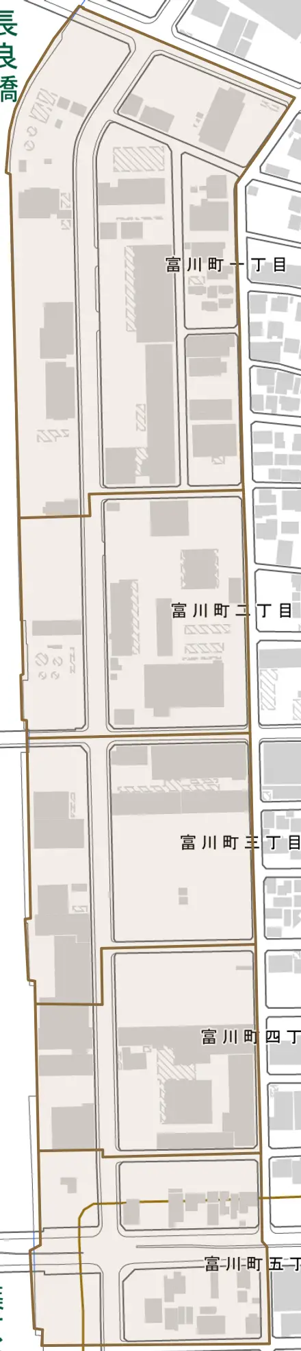 富川町とその周辺の地図。町の範囲を重ねている