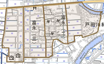 富永とその周辺の地図。町の範囲を重ねている
