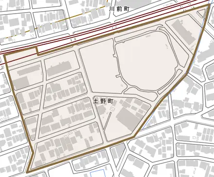 土野町とその周辺の地図。町の範囲を重ねている