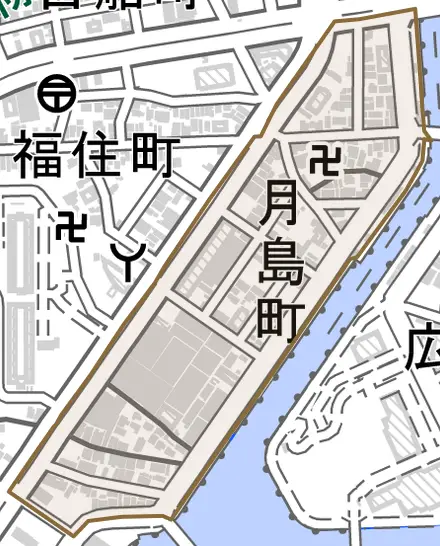 月島町とその周辺の地図。町の範囲を重ねている