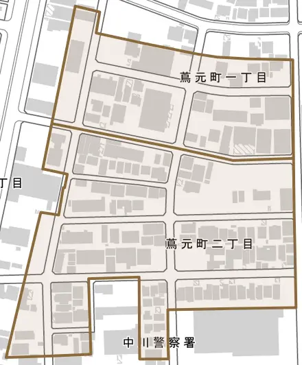 蔦元町とその周辺の地図。町の範囲を重ねている