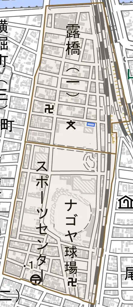 露橋とその周辺の地図。町の範囲を重ねている