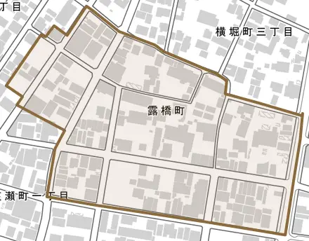 露橋町とその周辺の地図。町の範囲を重ねている
