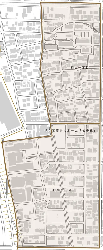 打出とその周辺の地図。町の範囲を重ねている