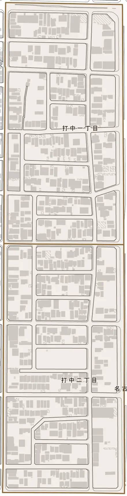 打中とその周辺の地図。町の範囲を重ねている