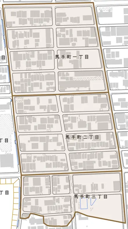 馬手町とその周辺の地図。町の範囲を重ねている