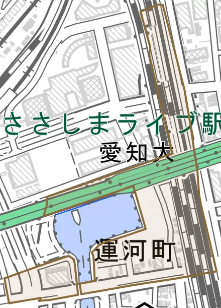 運河町とその周辺の地図。町の範囲を重ねている