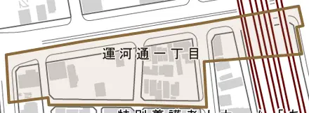 運河通とその周辺の地図。町の範囲を重ねている