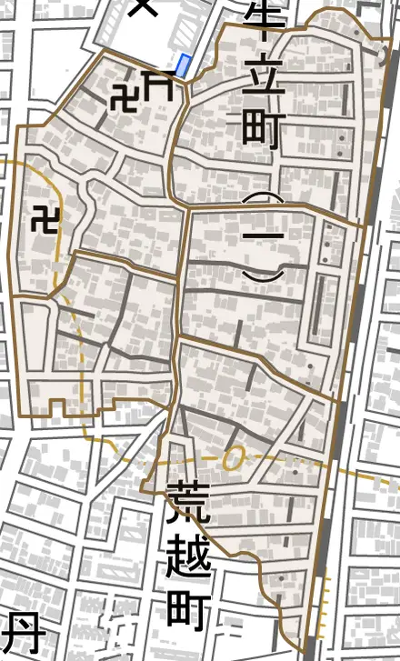牛立町とその周辺の地図。町の範囲を重ねている