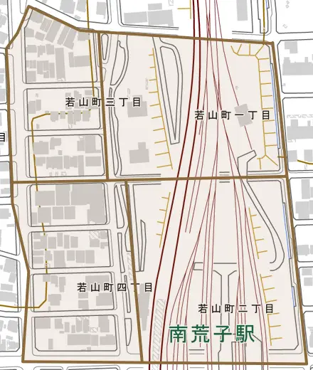 若山町とその周辺の地図。町の範囲を重ねている