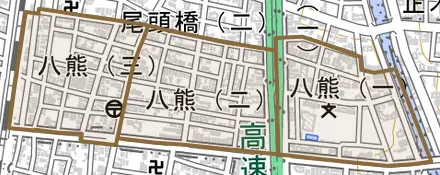 八熊とその周辺の地図。町の範囲を重ねている