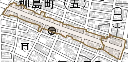 八幡本通とその周辺の地図。町の範囲を重ねている