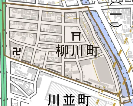 柳川町とその周辺の地図。町の範囲を重ねている