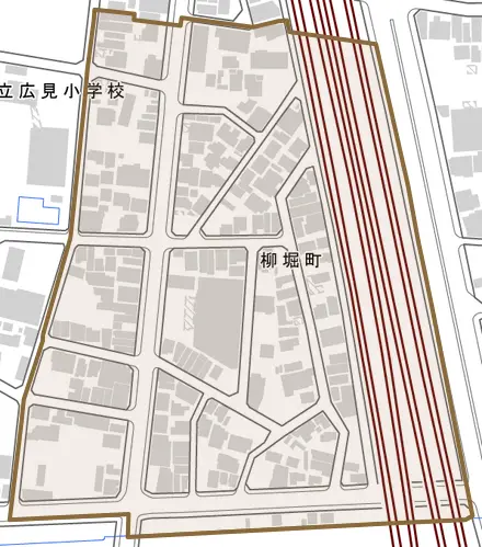 柳堀町とその周辺の地図。町の範囲を重ねている